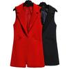 Women Long Suit Coat Sleeveless Mid Length Single Button Sleeveless Thin Pocket Cardigan Lapel Formal OL Commute Style Lady Jacket