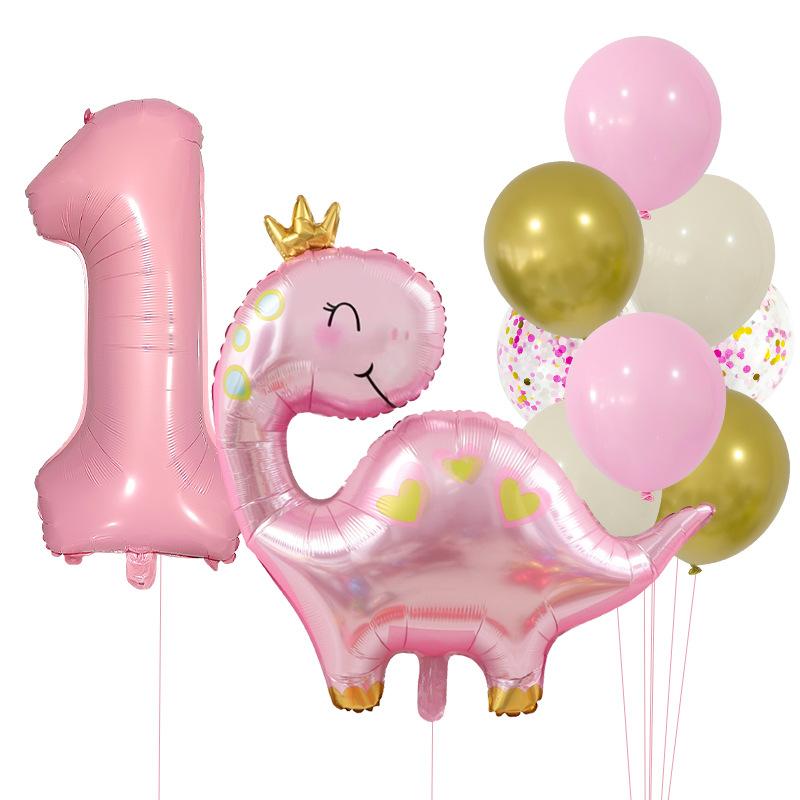 Cute Crown Pink Dinosaur Aluminum Film Balloon Set 32 Inch Pink Digital Girl First Birthday Party Decoration