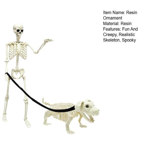 Halloween Skeleton Statue Skeleton Man Walking Dog Resin Ornament Spooky Human Skeleton Figurine for Home Yard Indoor Decoration