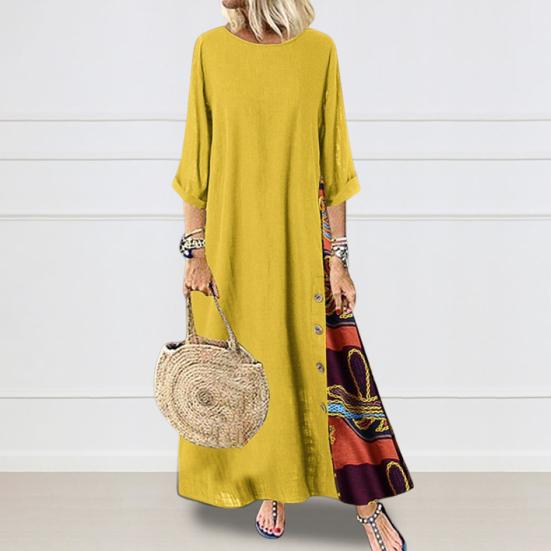 Женское летнее осеннее платье в стиле ретро с принтом в стиле пэчворк, круглый вырез, одинаковый цвет, рукава три четверти, трапециевидное женское платье макси с большим подолом