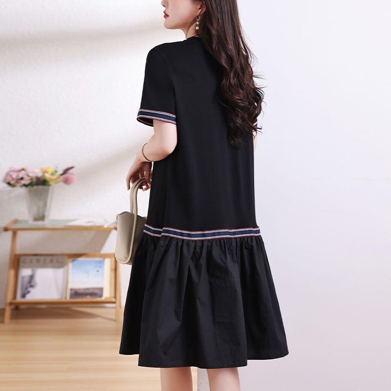 Basic Casual Loose Dresses Bright Line Decoration Summer Short Sleeve A-Line Korean Spliced Midi Dress