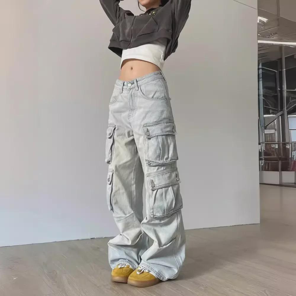 Women's Autumn Retro Washed Straight-Leg Workwear Jeans with Multiple Pockets