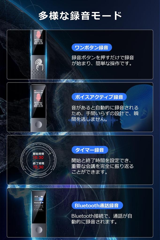 Компактный диктофон IC, новый, 64 ГБ, большой, 3072 кбит/с, звук, Bluetooth ENC, двойной, долговременный, одна кнопка, ЖК-дисплей, таймер записи голоса VOR, переменная скорость повтора