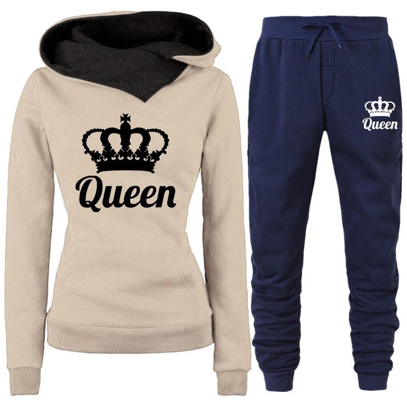 2024 Весна и Осень Женский Комплект Из Двух Частей Толстовка С Капюшоном QUEEN Печатный Спортивный Комплект Толстовка С Капюшоном Для Бега Спортивные Штаны
