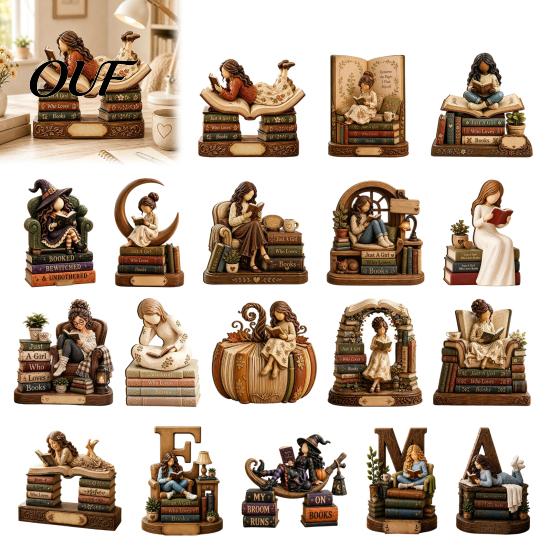 Unique Presents for Book Lovers Wooden Reading Girl Figurine Lovers, Personalized Desktop Bookshelf Decor with Bookworm Accessories Desk Stacked