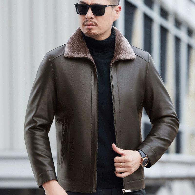 Leather Down Jacket Men's Jacket Short Lapel Fur Integrated Thickened Leather Jacket Casual Trend
