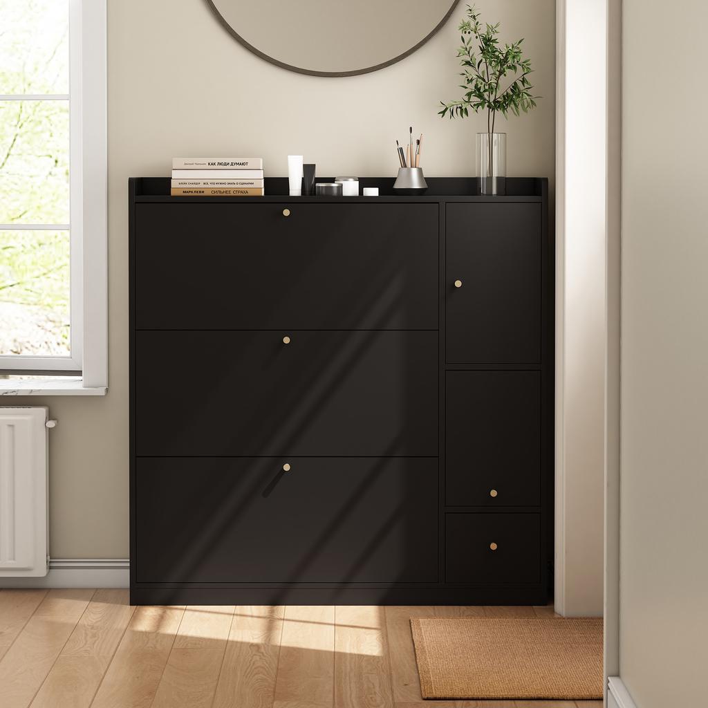 Versatile Tilt Shoe Cabinet with 3 Tilt-Out Drawers, Storage Entryway Organiser, Free-Standing Shoe Rack with Fold-Down Bench, Black, 119*24*122