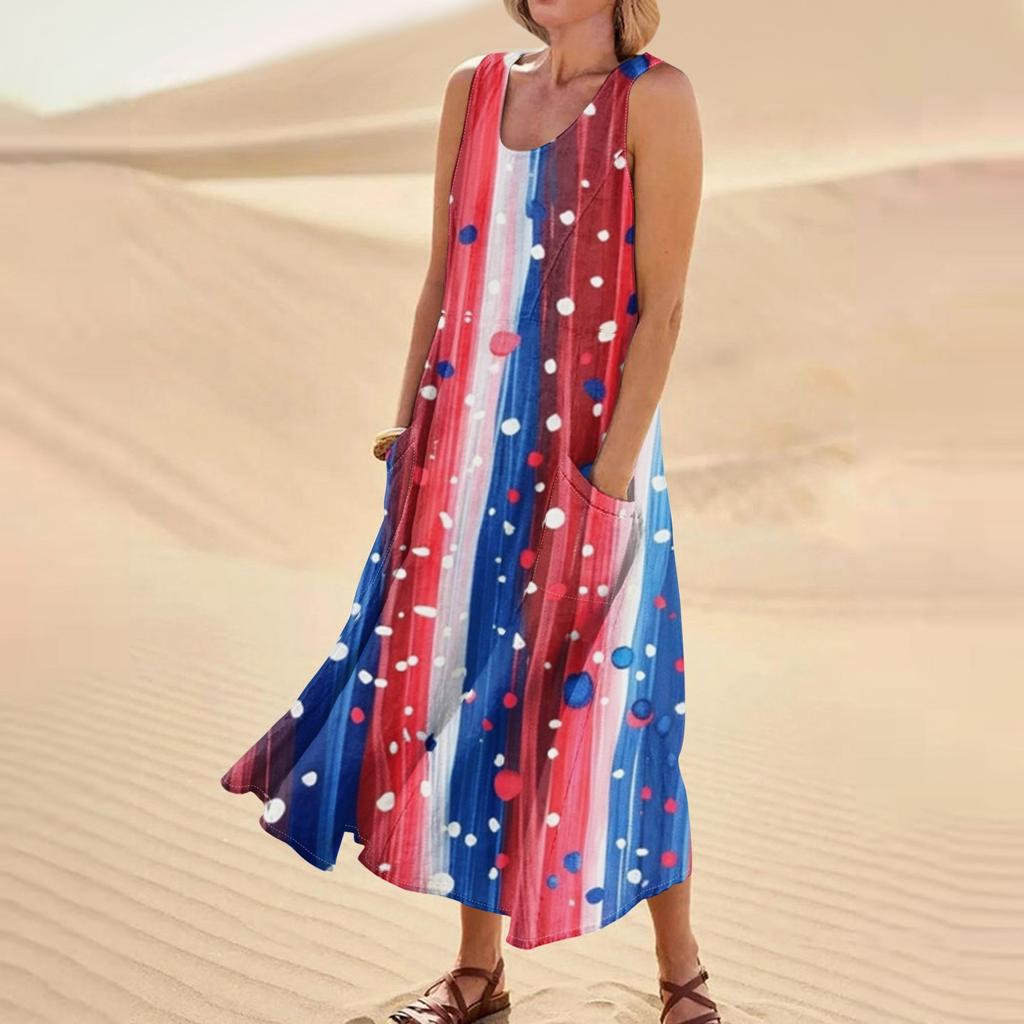 Женское модное повседневное хлопковое льняное платье без рукавов с принтом и карманами