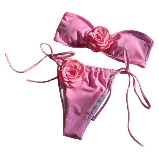 2 шт./компл. женский сексуальный комплект бикини с цветочным декором, бюстгальтер-бандо, трусы для плавания на шнуровке, комплект однотонного быстросохнущего купальника, пляжная одежда