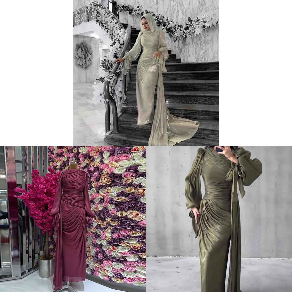 Polyester Pleated Dress With Long Sleeves For Elegant Women Spring