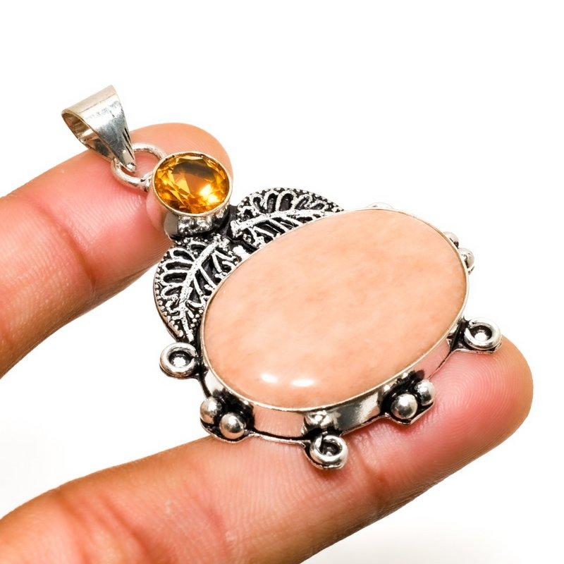 Orange Aventurine, Citrine Gemstone 925 Silver Plated Jewelry Pendant 2.08"