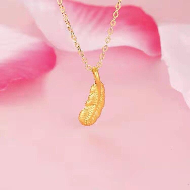 Ожерелье с подвеской из желтого золота 999 24 карата, простой мини-кулон с перьями, настоящая золотая цепочка 18 карат для женщин, ювелирные изделия в подарок