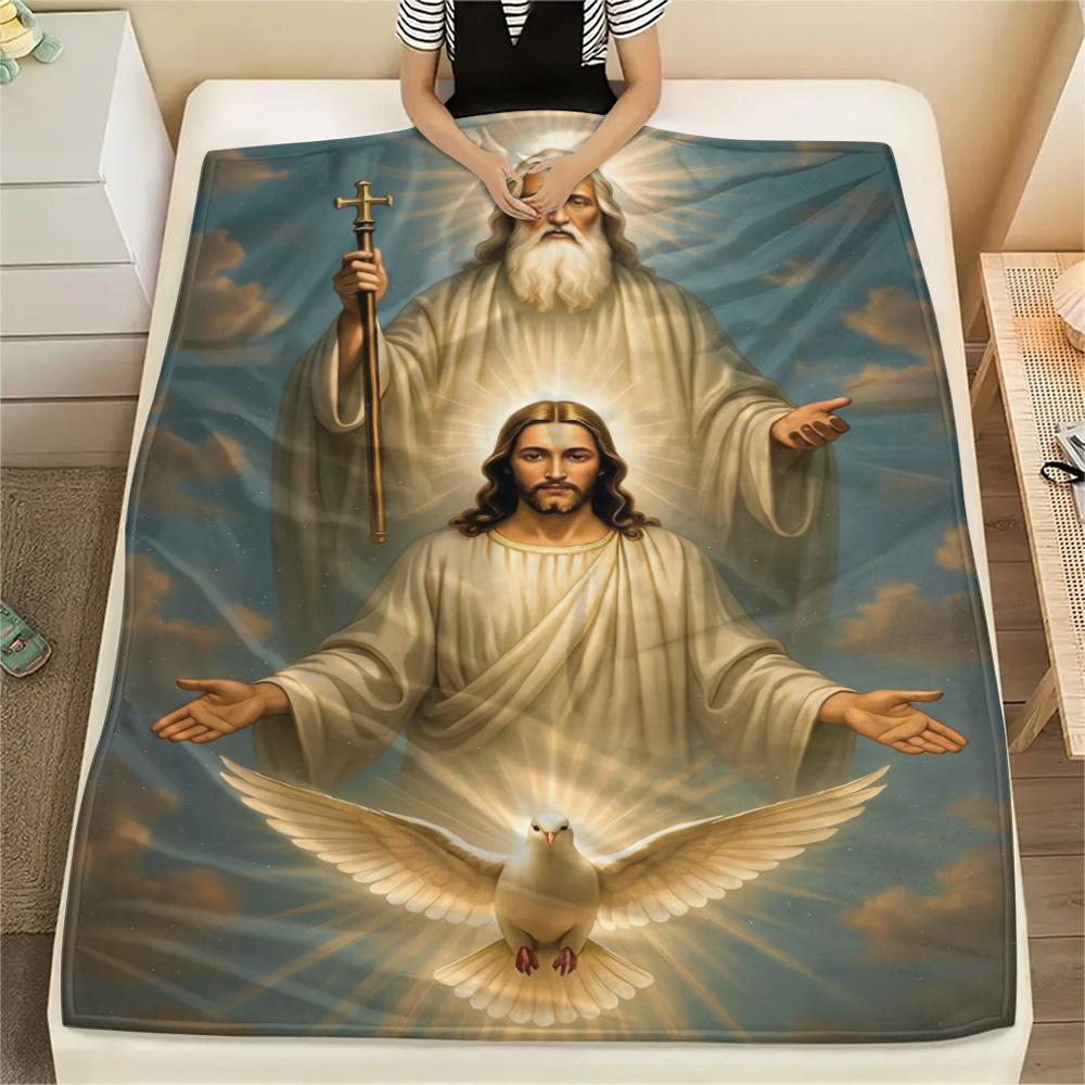 1Pc God Print Flannel Blanket, High quality Comfortable for All Seasons, Home Decor, Warmth and Comfort, Perfect for Christmas Gifts