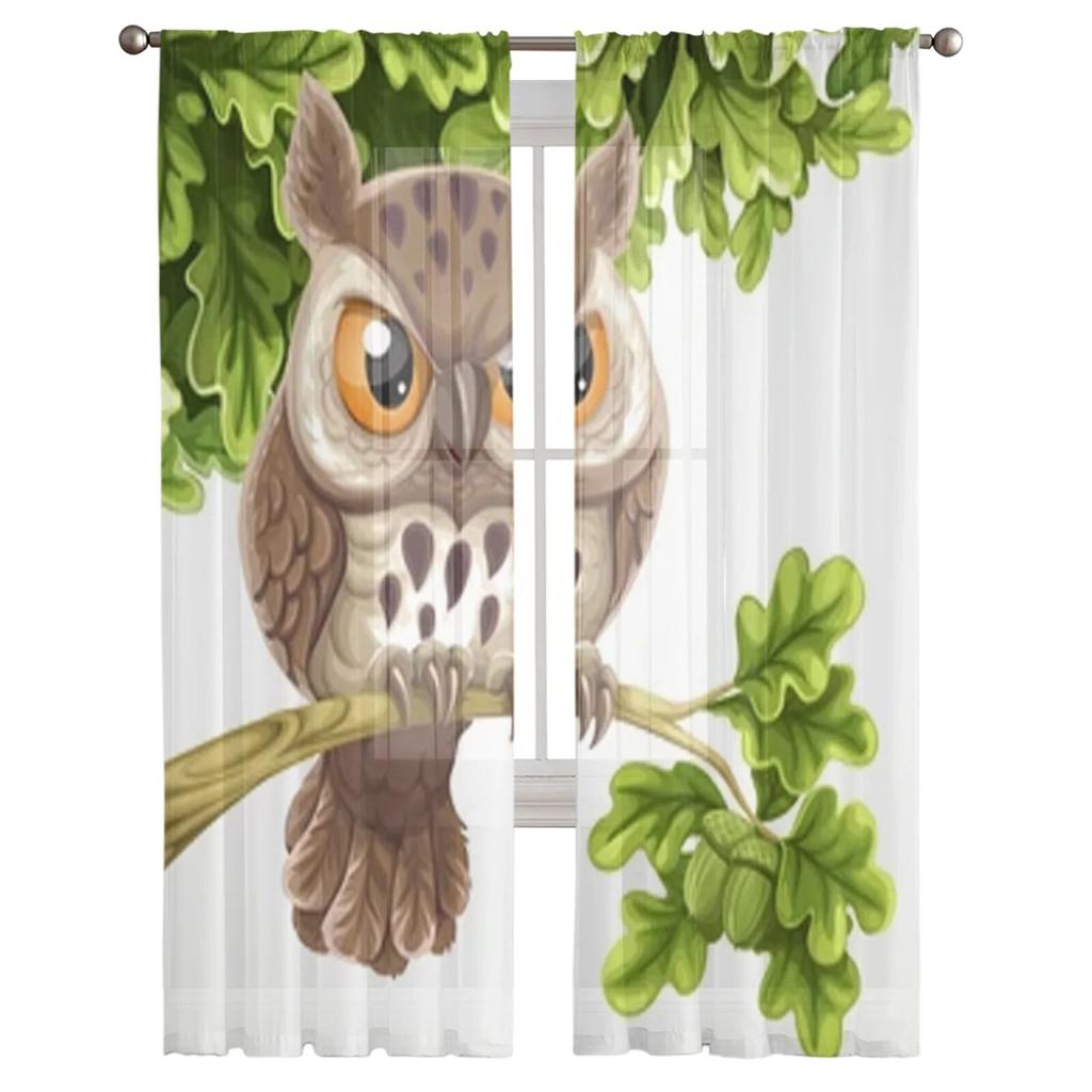 Cartoon Owl Sitting On A Branch Sheer Window Curtains For Living Room Bedroom Voile Tulle Curtains Fabric Drapes For Kitchen