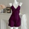 Luxury Purple Deep V Camisole Nightgown with Bra Pads – Sexy Ice Silk Two-Piece Loungewear Set