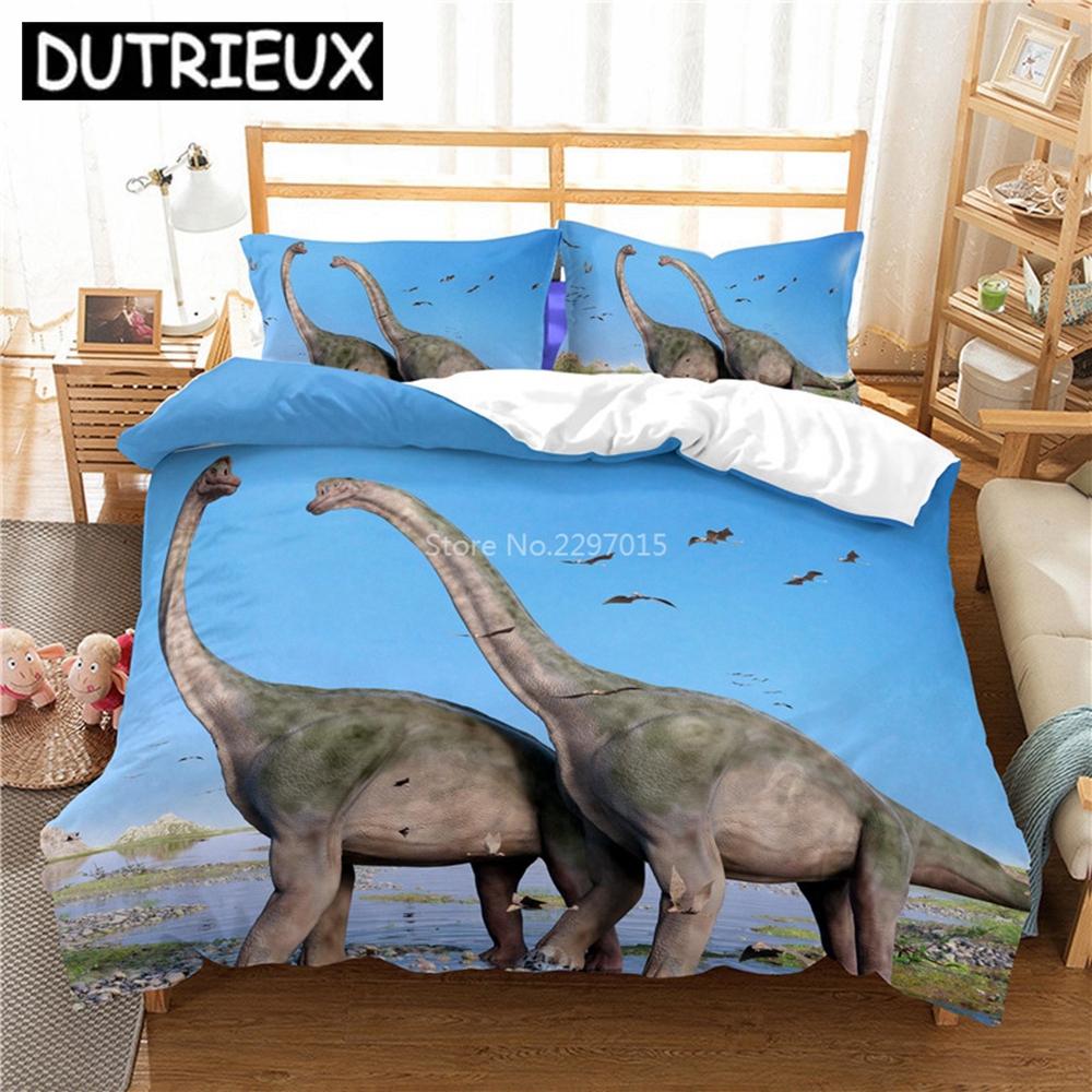 Милый комплект постельного белья с рисунком динозавра из мультфильма для взрослых и детей, пододеяльник, наволочка для близнецов, полный комплект постельного белья размера «queen-size» и «king-size».