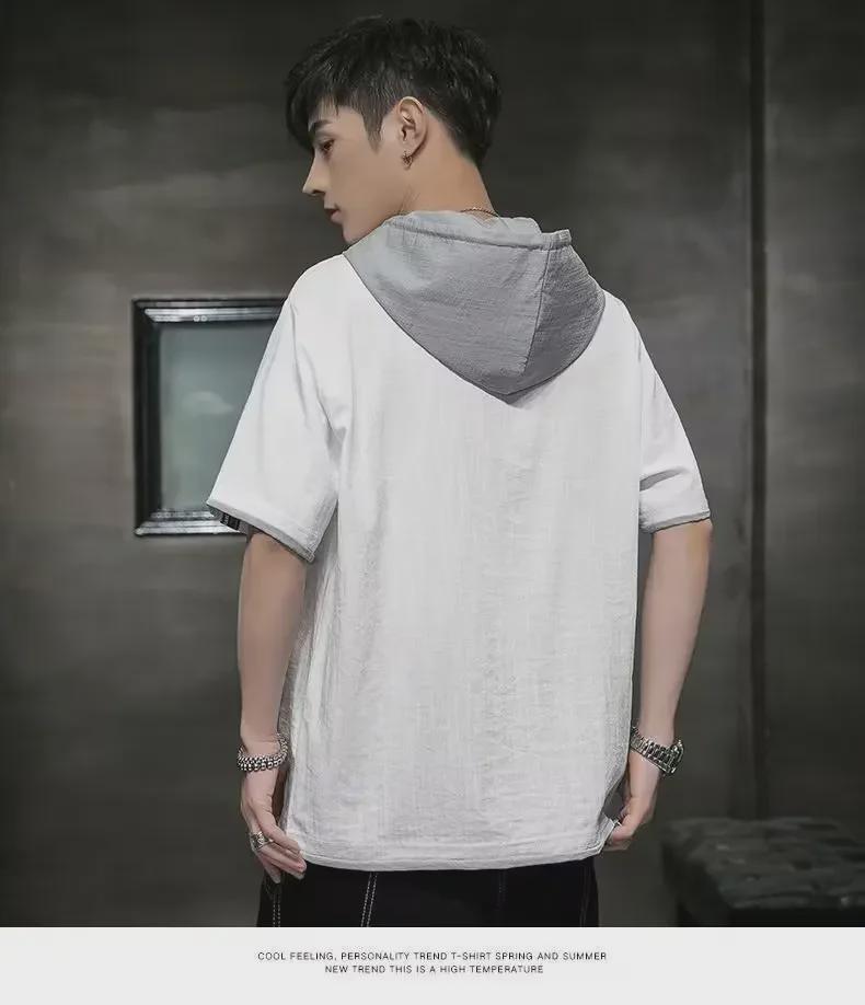 Футболка с капюшоном из ледяного шелка: Летняя однотонная кофта с коротким рукавом 2024 года для подростков и студентов