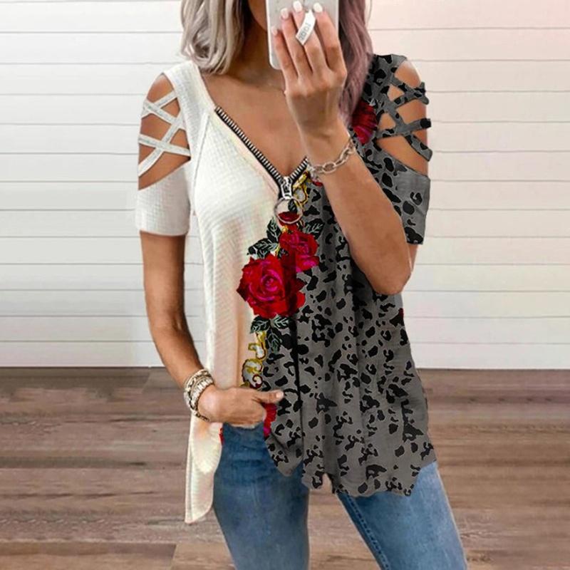 Женская летняя одежда Повседневная с открытыми плечами Топы с короткими рукавами Глубокий V-образный вырез Блузки на молнии Женская мода Футболка Свободные Большие размеры