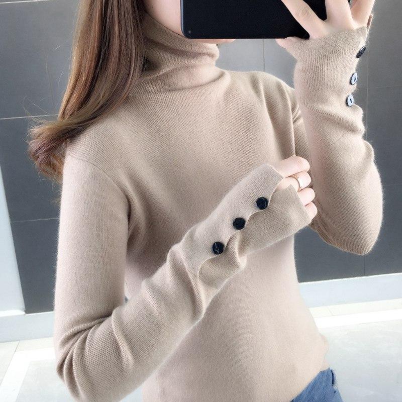 Женский осенний повседневный вязаный пуловер, свитер, воротник с ворсом, водолазка с длинными рукавами и пуговицами, тонкий внутренний однотонный цвет