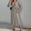 Women Sexy Slim High Waist V-neck Long Knitted Dress Elegant Solid Color Button Lace Up Mini Sweater Skirt