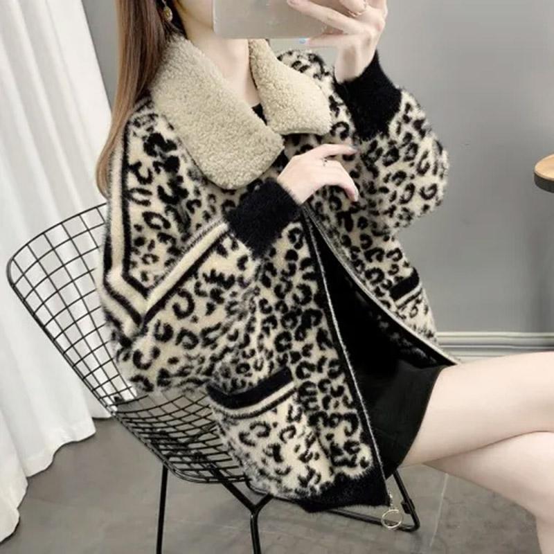 Пальто с леопардовым принтом для женщин, хлопковый плюш, осень-зима, утолщенный флисовый свитшот, свободного покроя, на молнии, с капюшоном, куртка