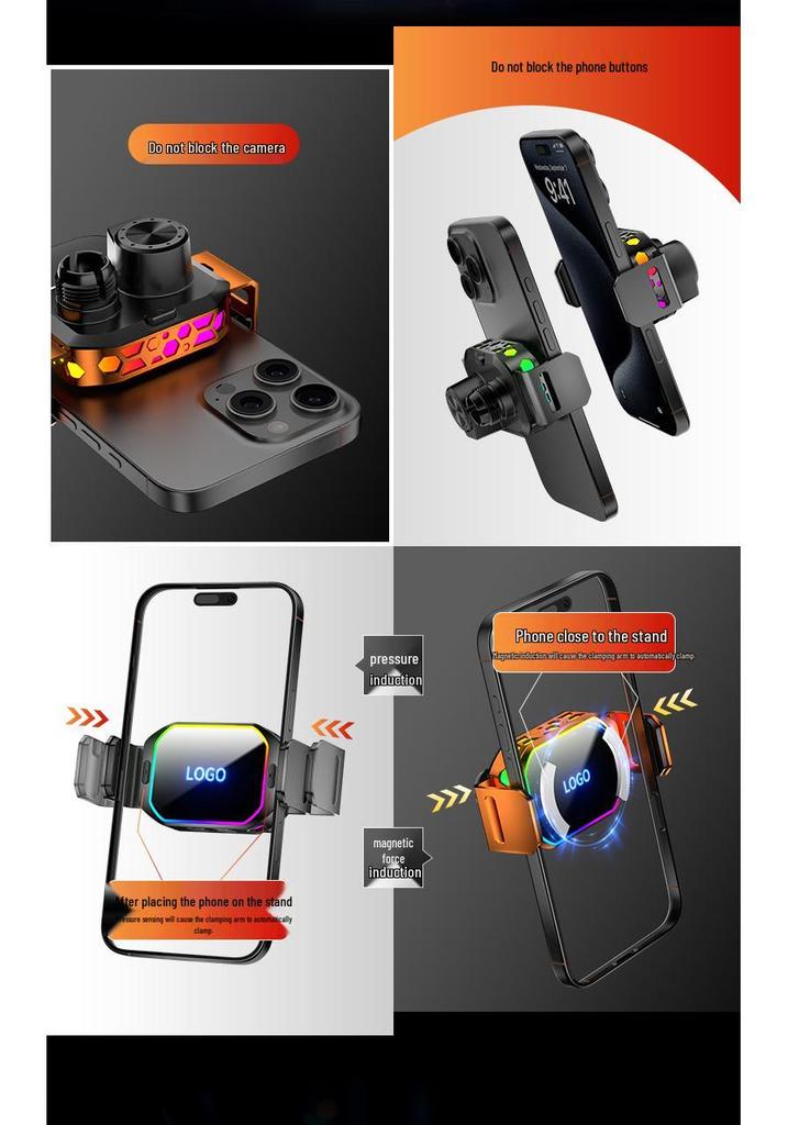 Logo Engraving Car Phone Holder: Strong Magnetic, 15W Wireless Fast Charger with Multi-Color Atmosphere Light