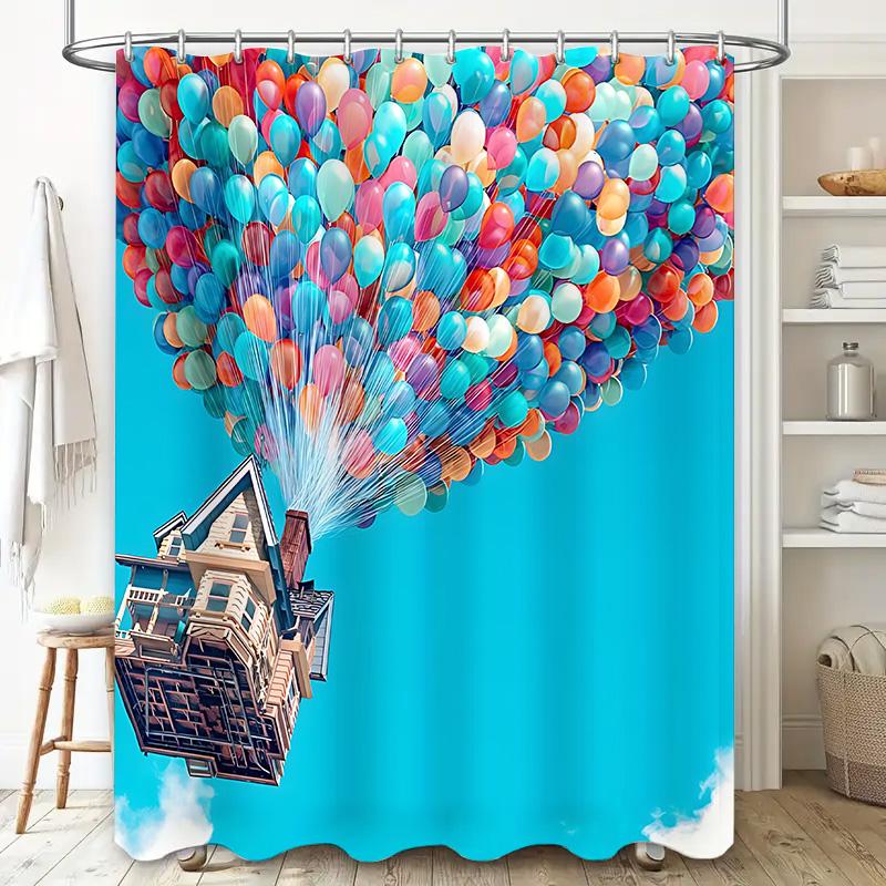 Colorful Balloons House Shower Curtain Dreamy Sky Design Waterproof Fabric Bathroom Decor Unique Artistic Print Elevate Space