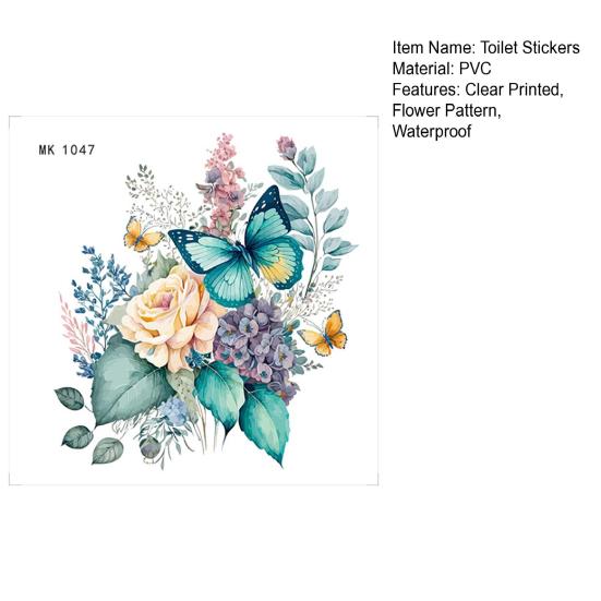 Toilet Stickers Watercolor Floral Peony Butterfly Durable Waterproof Self-Adhesive Wall Sticker for Bathroom Decor