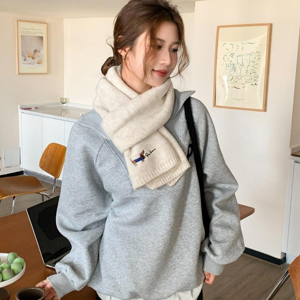 Толстый теплый вязаный шарф в корейском стиле - однотонный, милый и холодостойкий для щенков-девочек, зима 2024 г.