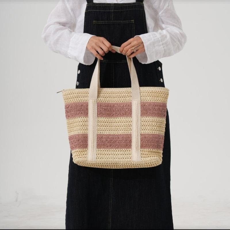 Striped Straw Bag, High-end Shoulder Woven Woven Bag, Large Capacity Tote Seaside Vacation Beach Bag
