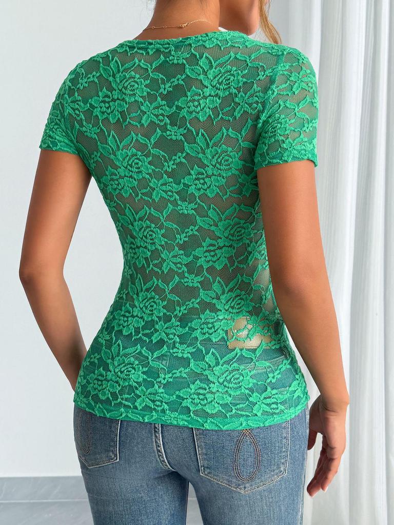 2025 Spring/Summer Women's Sexy Lace V-neck Short Sleeve Top