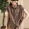 Women Solid Color Sleeveless Shirts Turn-down Collar Button Summer Pockets Women Vintage Blouses Tops