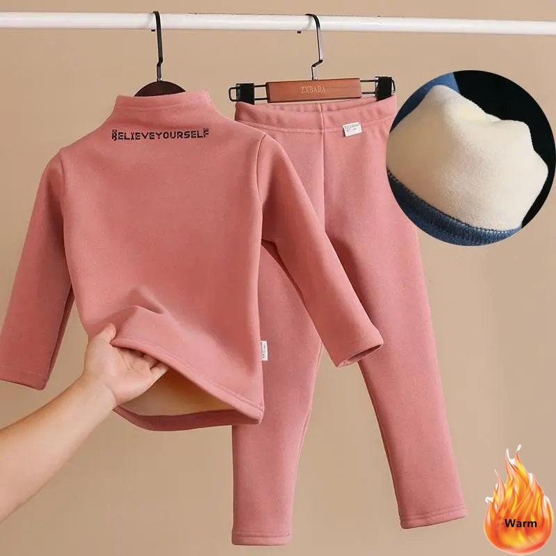 Winter Children Thermal Outfit Casual Boys Girls Two Piece Set Kids Underwear Conjuntos Warm Mock Neck Tops Children's Velvet Lined Thick High Neck