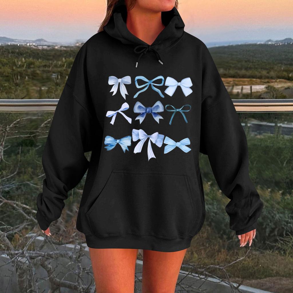 Женская весенняя флисовая толстовка с капюшоном и принтом в виде банта, с длинными рукавами