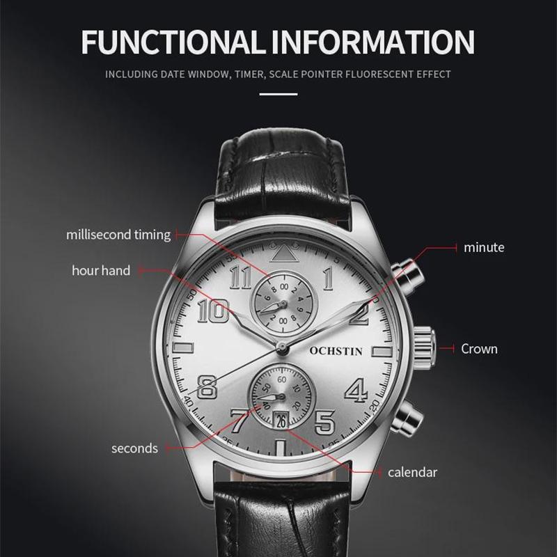 Multifunctional Chronograph Men Watch Luminous Hands Calendar Display Leather Strap Analog Quartz Wrist Watches