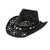 Hollow straw woven western cowboy hat women's summer sun protection visor seaside beach hat ethnic wind beaded decorative hat