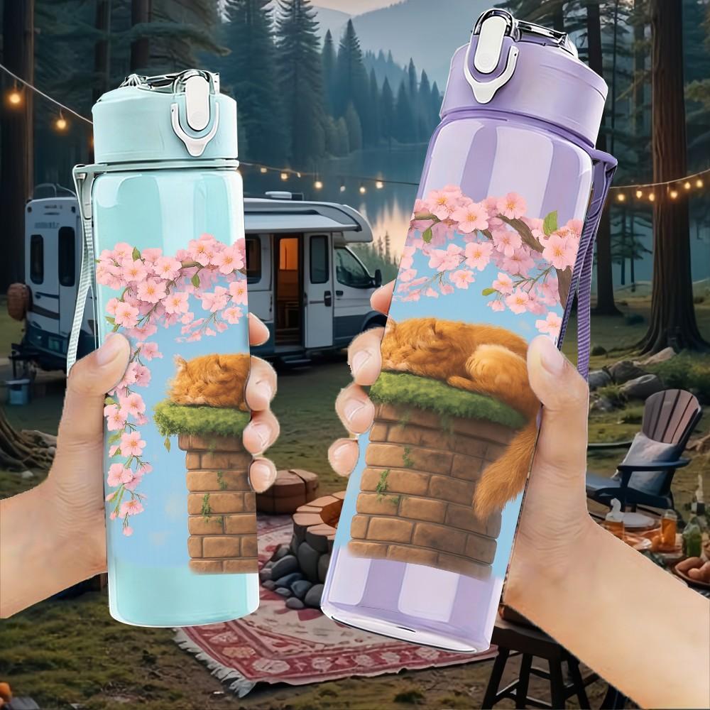 1PC Squirrel Cherry Blossom Art 750ml Color Plastic Sports Water Bottle Leakproof Flip Straw Lid Suitable for Sports Office Home Use