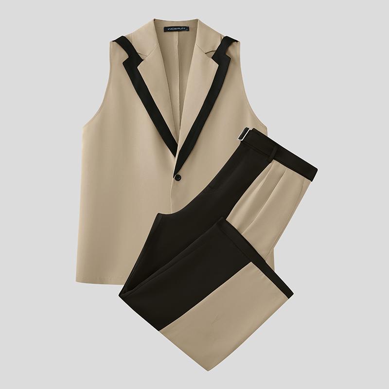 INCERUN 2 шт. Мужской жилет без рукавов с лоскутным шитьем и комплекты нарядов с длинными брюками