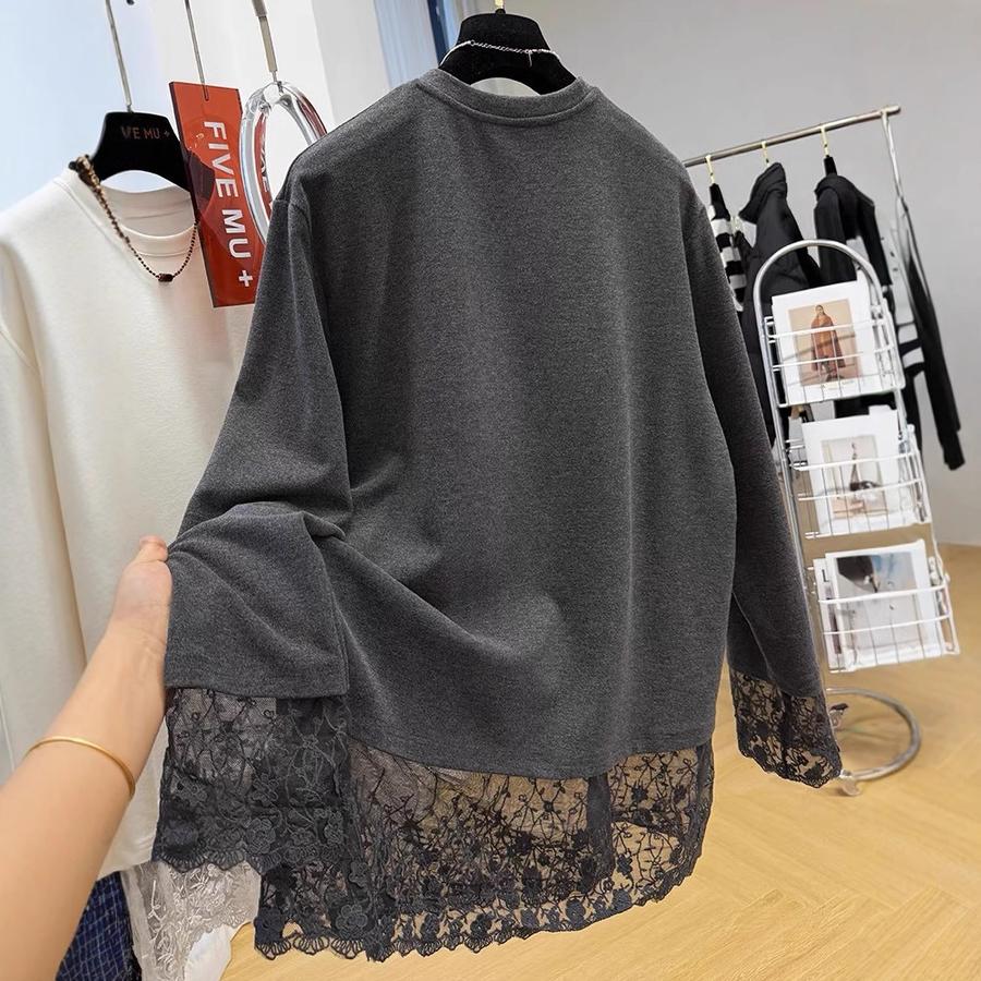 Роскошная кружевная вставка, плюшевый велюр, длинный рукав, женская футболка, осень-зима, для ношения под одеждой, для ношения как верхняя одежда, базовый слой, трендовый топ