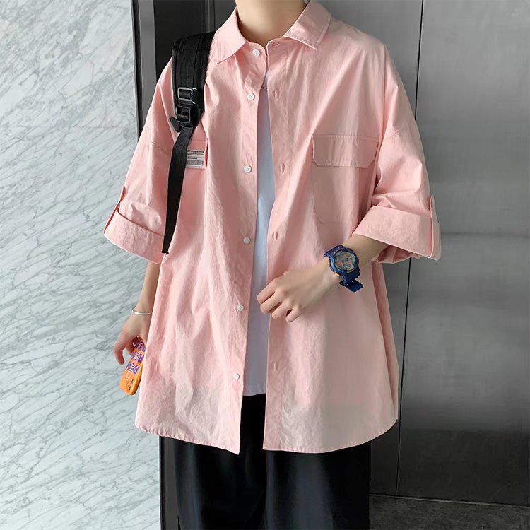 Мужская модная корейская летняя однотонная повседневная рубашка с рукавом три четверти