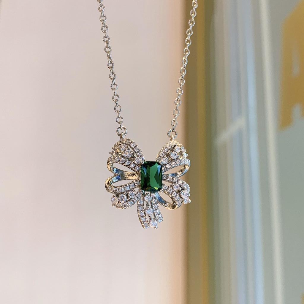 Green Tip Bow Bone Chain Necklace Women, Green Simple Earrings Ring Jewelry Set