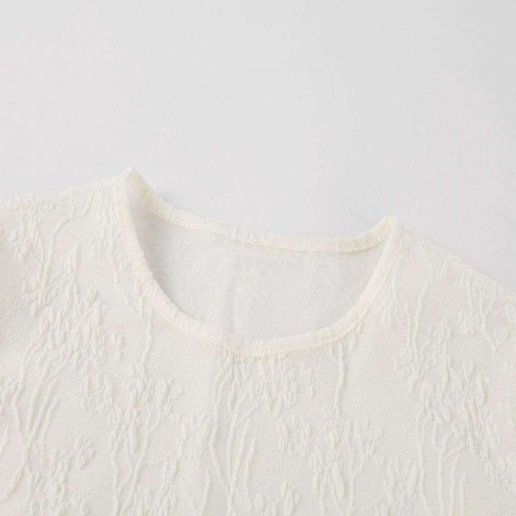 Женская прозрачная футболка с круглым вырезом, кружевной пэчворк и рукавами-колоколами - Однотонная, легкая и идеальна для осенних прогулок