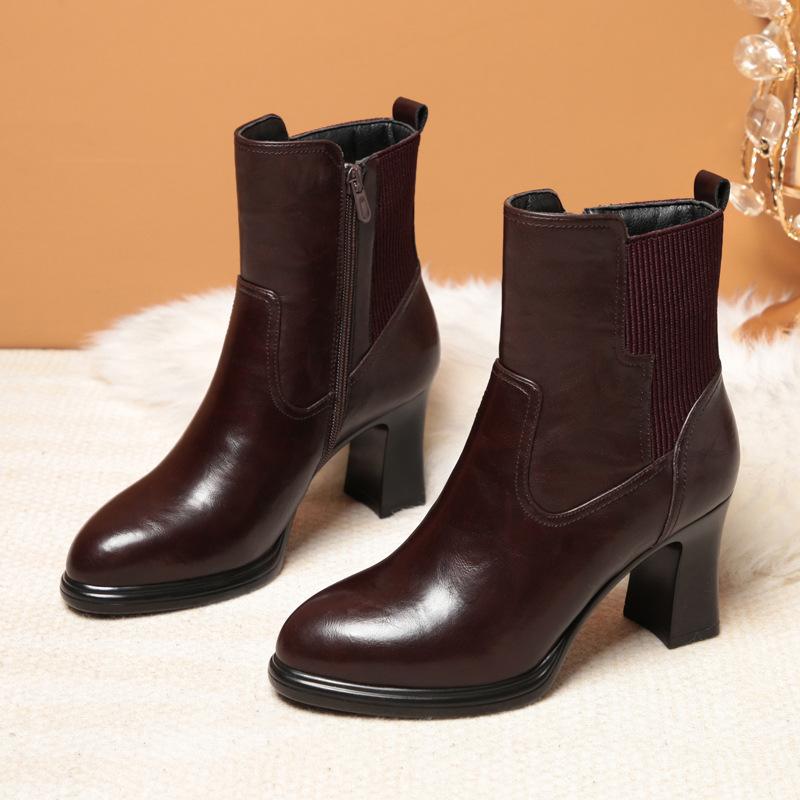 Женские короткие ботильоны на высоком каблуке, бархатные кожаные туфли, мягкая кожа, толстый каблук, материнские хлопковые туфли, универсальные подиумные ботинки