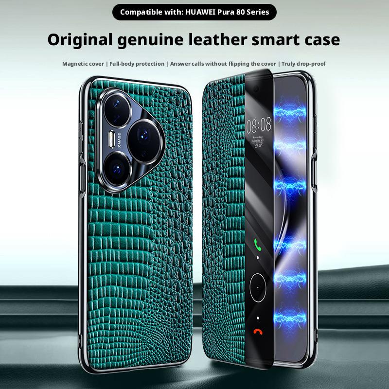 Премиальный Чехол из Натуральной Кожи Крокодила для Huawei Pura 80 Ultra/ 80 Pro/80 pro Plus/80 Магнитное Умное Окно Противоударный Чехол