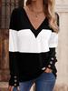 Женская футболка с длинным рукавом контрастного цвета, женский топ с пуговицами в стиле колор-блок, повседневный топ с V-образным вырезом