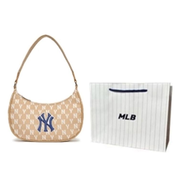 MLB Monogram Series Vintage Floral Print NY Yankees Underarm Bag Mahjong Bag Women Shoulder Bag Cream-Latte 3ABQS012N-50BGD