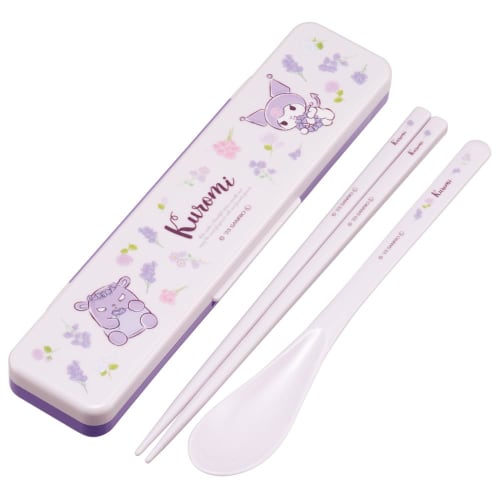 Skater Chopsticks and Spoon Set, Bento Box, Adult, Antibacterial, Combo Set, 18cm, Non-Clinking, Made In Japan, Sanrio Kuromi Flower Wreath Design, CC