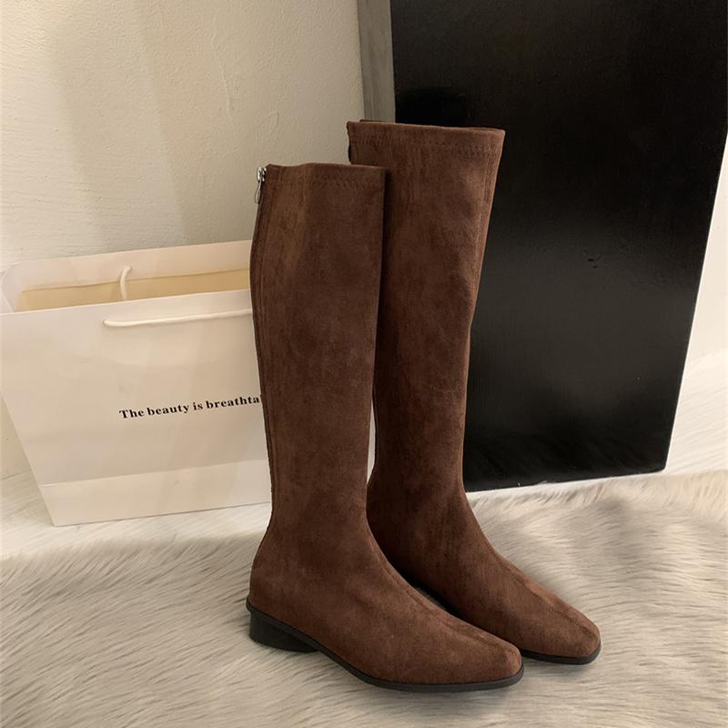 Зимние винтажные облегающие женские сапоги до колена, дизайнерские туфли на толстом каблуке, современные длинные боты для женщин