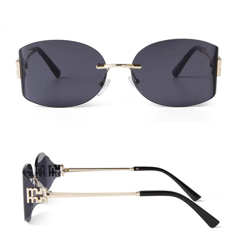 Trendy Oval Gradient Lens Rimless Sunglasses Brand Design Women Men Luxury Metal Rivets Gray Shades Sun Glasses Eyewear Female