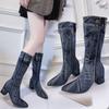 Fashion 2024 Women Chunky Denim Mid-Calf Boots Block High Heels Boots Winter Fashion Cowboy Western Boots Thick Heels Shoes